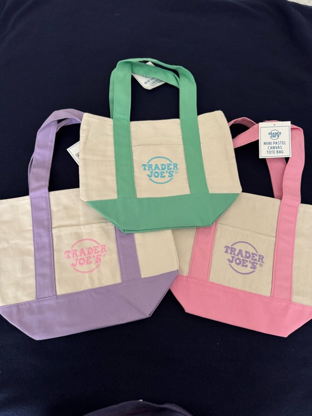 Trader Joe's Mini Pastel Canvas Tote - Green, Lavander & pink. Set of 3. NEW